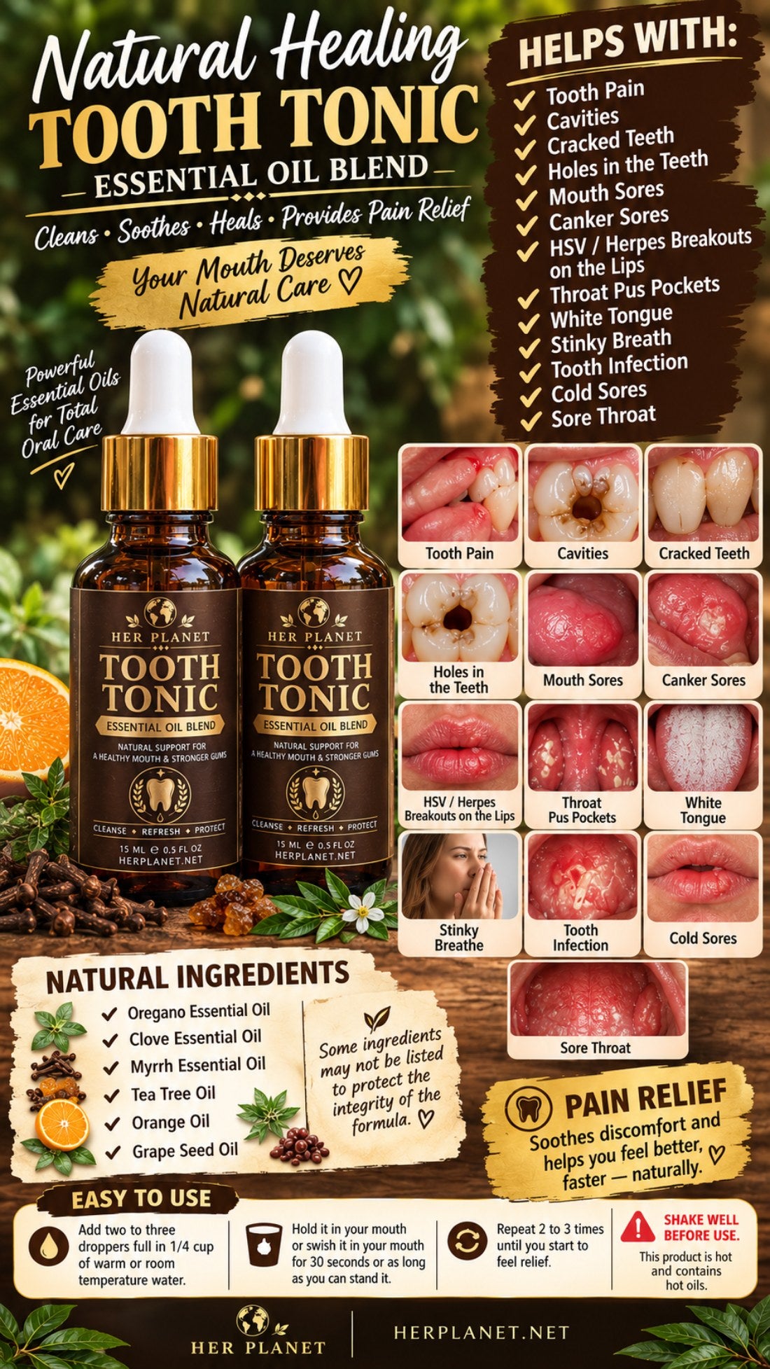 Tooth Tonic natural healing guide: helps with tooth pain, cavities, mouth sores, cold sores and more; natural ingredients and how to use